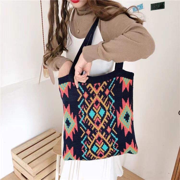 Retro Knit Tote Bag – Ethnic Style Woven Shopper for Daily Use - Shofora Store