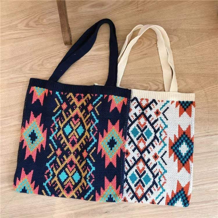 Retro Knit Tote Bag – Ethnic Style Woven Shopper for Daily Use - Shofora Store