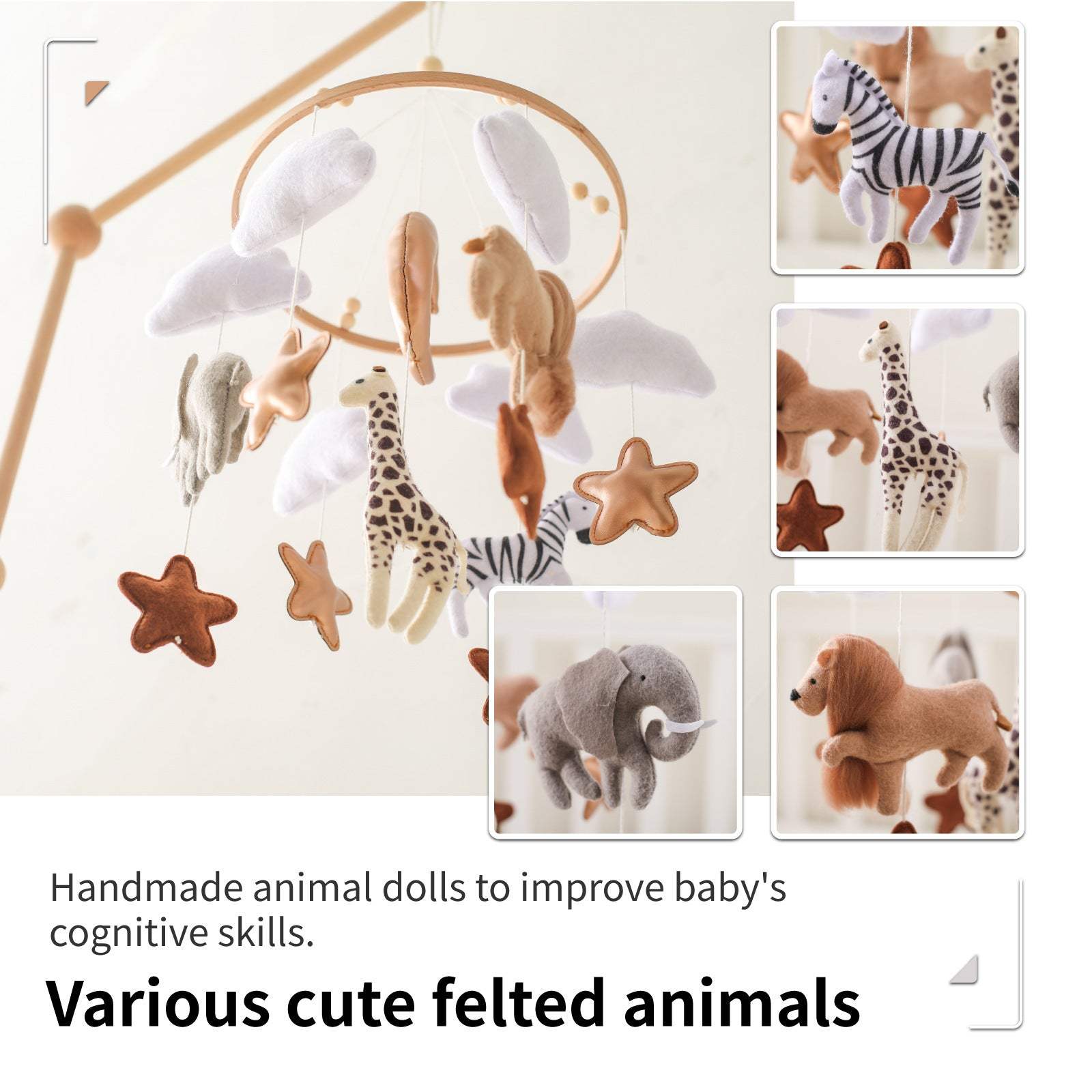 Baby Toy Bed Bell – Felt Animal Crib Mobile with Clouds & Moon for Hand-Eye Coordination