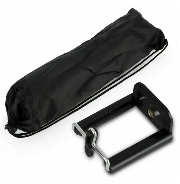 Black metal bracket with a drawstring bag on a white background