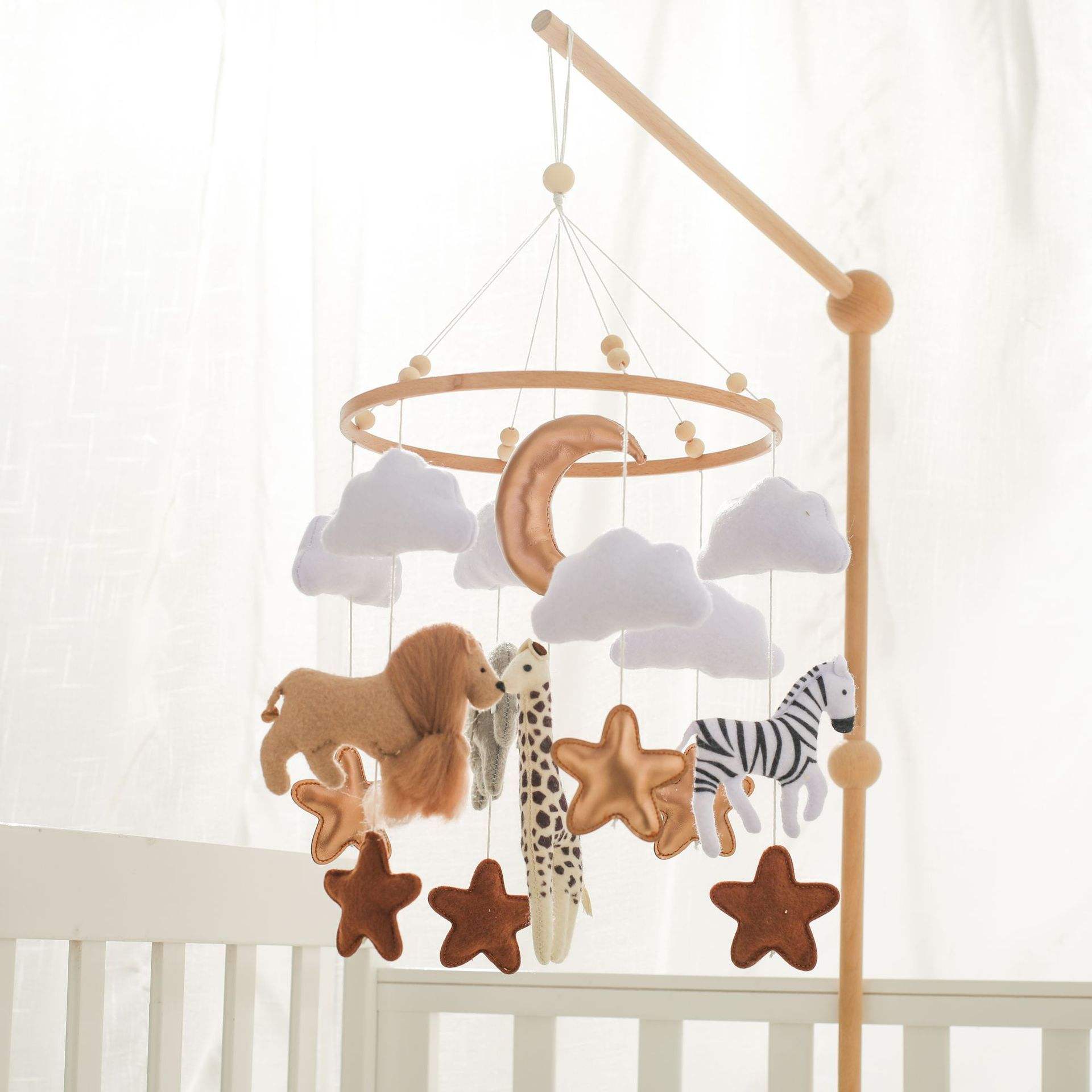 Baby Toy Bed Bell – Felt Animal Crib Mobile with Clouds & Moon for Hand-Eye Coordination