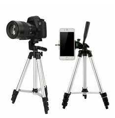 Camera and smartphone on tripods with adjustable phone holders on a white background