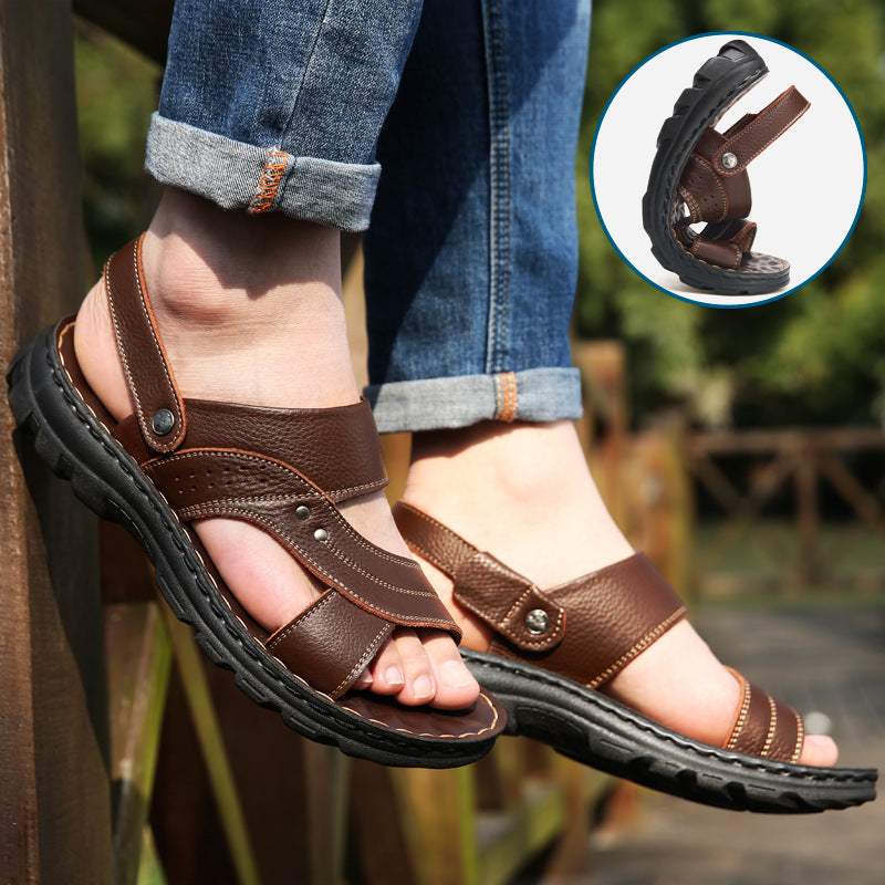 Men’s Leather Sandals – Adjustable Strap Summer Slides & Beach Shoes with Non-Slip Comfort - Shofora Store