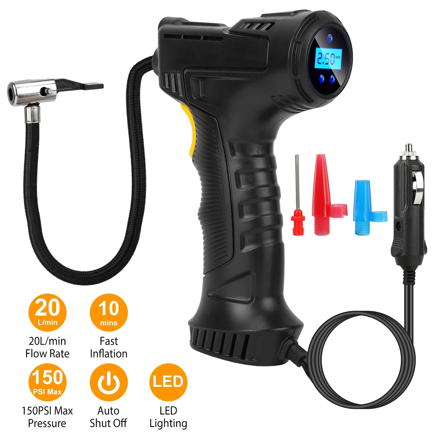 Portable Car Tire Inflator – 150PSI 12V Digital Air Compressor with LED Light & Auto Shut-Off