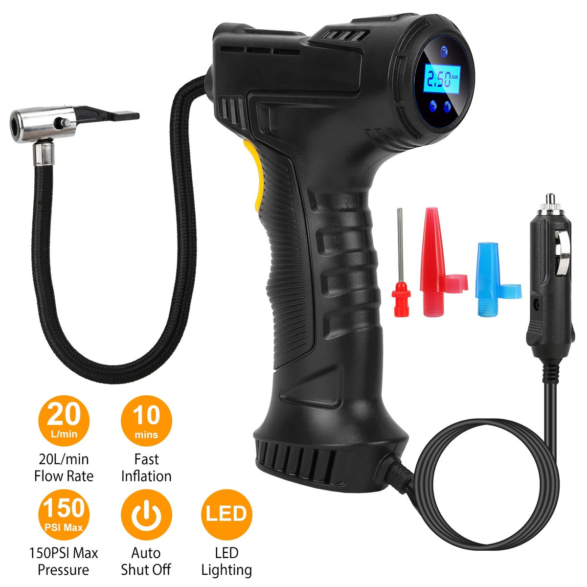 Portable Car Tire Inflator – 150PSI 12V Digital Air Compressor with LED Light & Auto Shut-Off