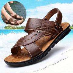 Men’s Leather Sandals – Adjustable Strap Summer Slides & Beach Shoes with Non-Slip Comfort - Shofora Store