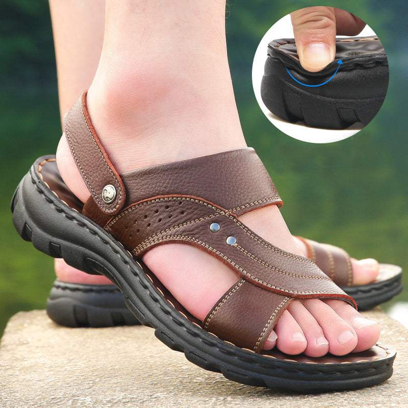 Men’s Leather Sandals – Adjustable Strap Summer Slides & Beach Shoes with Non-Slip Comfort - Shofora Store