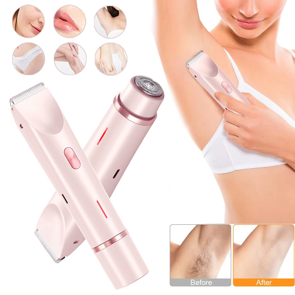 Pink hair removal device with before and after results on a white background
