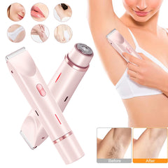 Pink hair removal device with before and after results on a white background