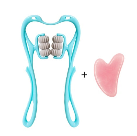 6-Roller Manual Neck Massager – Jade Scraper Included – Deep Tissue Muscle Relaxer Tool for Neck, Back, Legs, and Shoulders