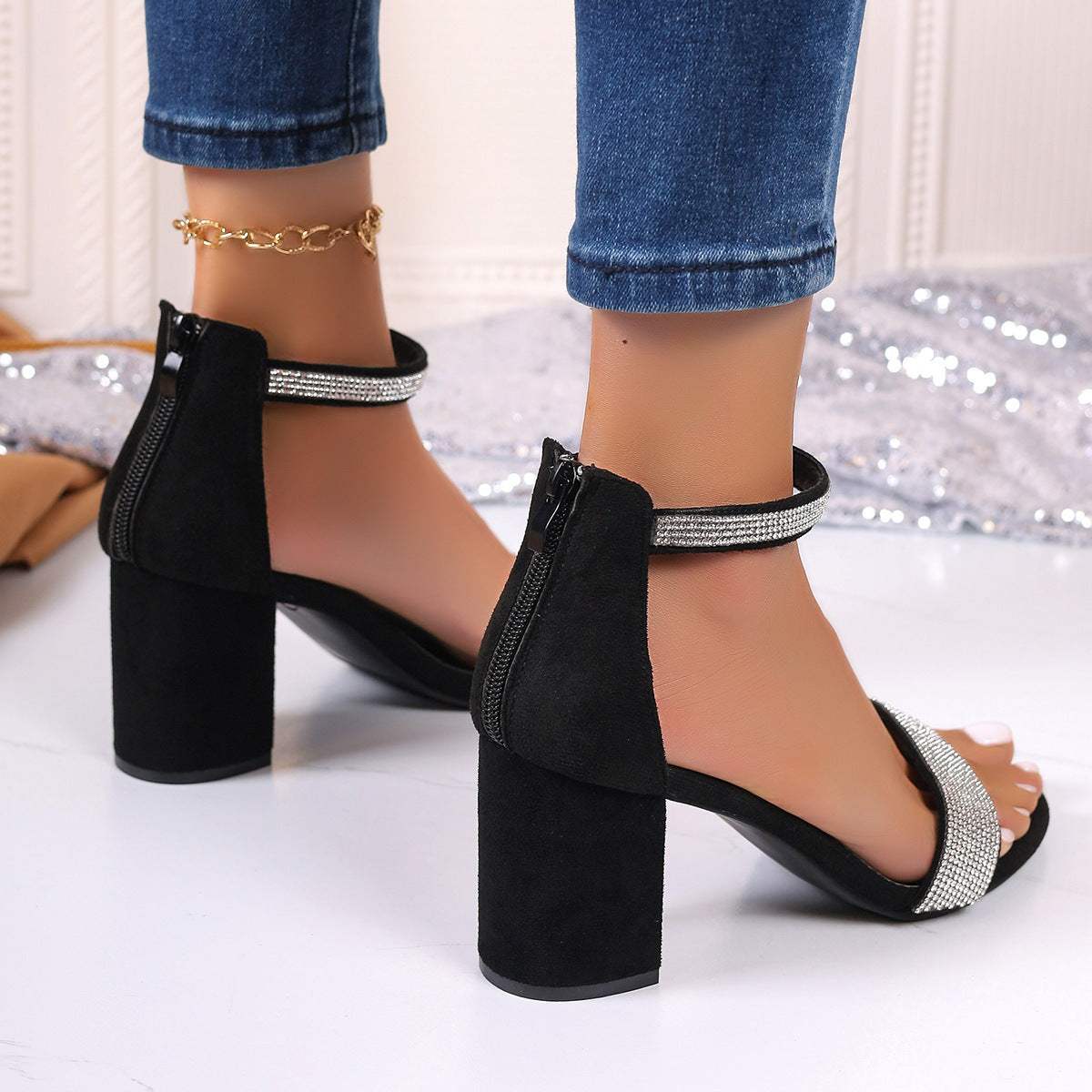 Glam Rhinestone High Heel Sandals – Chunky Open Toe Strappy Summer Heels for Chic Nights Out - Shofora Store