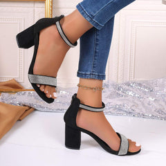 Glam Rhinestone High Heel Sandals – Chunky Open Toe Strappy Summer Heels for Chic Nights Out - Shofora Store