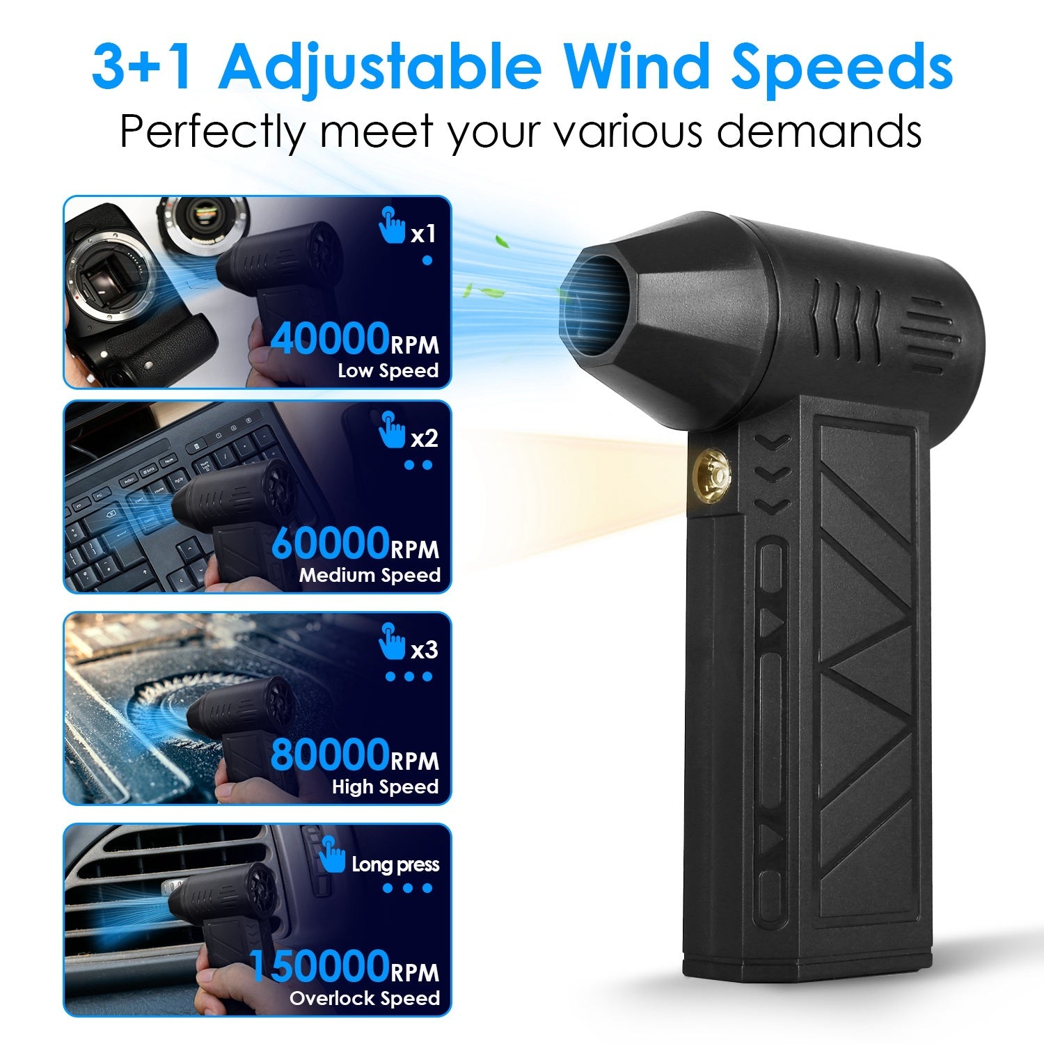 Compressed Air Duster – 150000RPM High-Speed Cordless Air Blower with LED & 4 Speeds for PC, Keyboard, Car & Home Cleaning