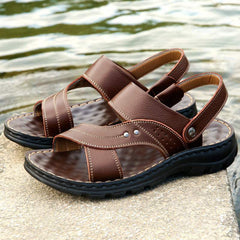 Men’s Leather Sandals – Adjustable Strap Summer Slides & Beach Shoes with Non-Slip Comfort - Shofora Store