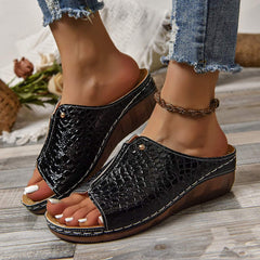 Crocodile-Pattern Wedge Sandals for Women – Summer Slippers with Fish Mouth Toe & Thick Sole Comfort