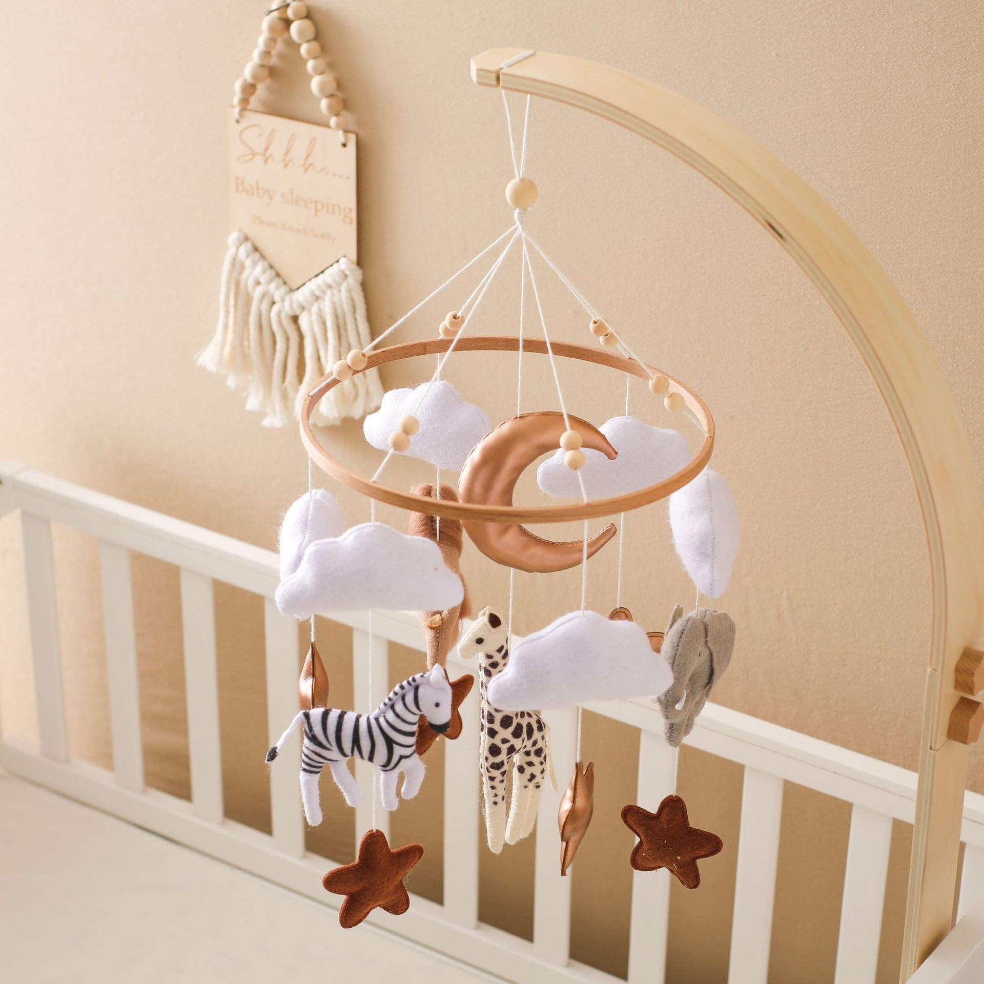 Baby Toy Bed Bell – Felt Animal Crib Mobile with Clouds & Moon for Hand-Eye Coordination