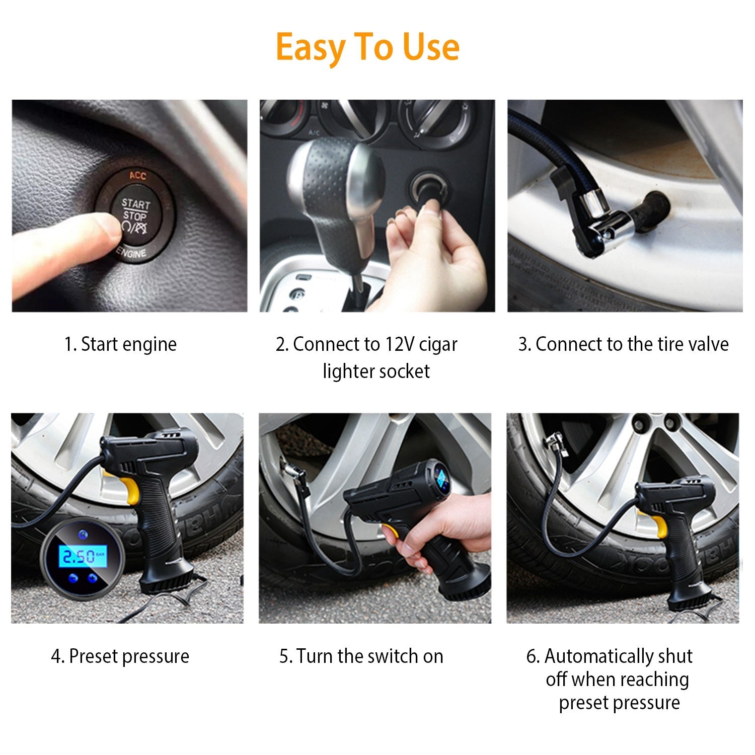 Portable Car Tire Inflator – 150PSI 12V Digital Air Compressor with LED Light & Auto Shut-Off