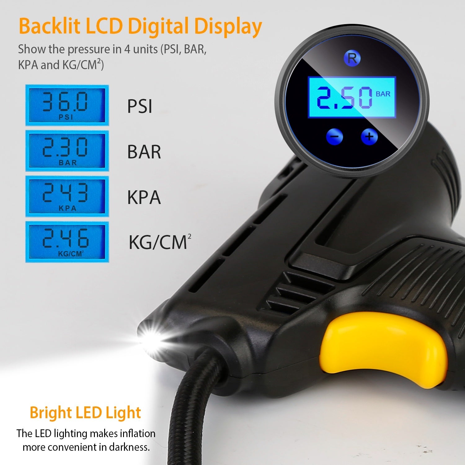 Portable Car Tire Inflator – 150PSI 12V Digital Air Compressor with LED Light & Auto Shut-Off